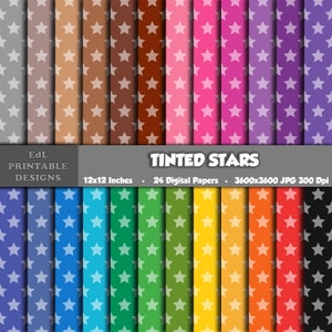Tinted Stars Digital Paper Pack, Starry Printable Background, Starred Scrapbook Papers, Star Paper, Seamless Rainbow Color Pattern Set Of 24
