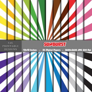 Sunburst Digital Paper, Superhero Comic Style Printable Background, 12x12 Scrapbook Starburst Papers, Seamless Sun Rays Pattern Set Of 24