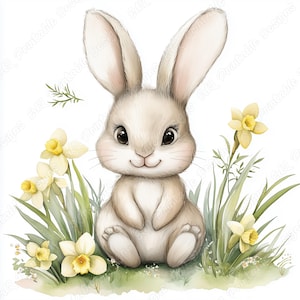 20 clipart di coniglietti acquerellabili, immagine stampabile di coniglietti felici, download digitale di animali con fiori, set di graziosi JPG di carta per scrapbooking
