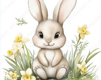 Watercolor Bunny Clip Art, Baby Rabbit with Flowers (JPG Digital Download)