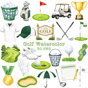 Può includere: Una collezione di illustrazioni ad acquerello a tema golf che include un cesto di palline bianche, una sacca, una bandierina sul green, una golf cart, un trofeo dorato, una polo bianca, un cappellino, mazze, scarpe, un guanto e un segnapunti.