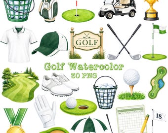 Golfowe akwarelowe grafiki PNG, obrazy urodzinowe golfisty, impreza sportowa, album ze zdjęciami na Dzień Ojca (pobieranie cyfrowe)