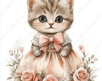 Clipart de gatinha princesa, álbum de recortes com vestido floral para menina, pacote de imagens de gatos para imprimir (download digital)
