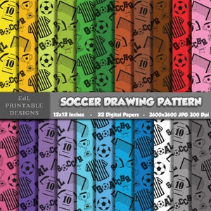 May include: A set of 22 digital papers featuring a football theme. The papers are 3600x3600 pixels and 300 dpi. The papers feature a variety of football-related designs, including footballs, jerseys, trophies, and goal posts. The papers are in a variety of colours, including red, orange, yellow, green, blue, purple, and grey.