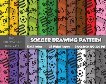 Fußball, Doodle, Digitales Papier, Fußball Sport Thema Hintergrund, Nahtlose Muster Set (Digitaler Download)