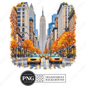 Clipart PNG z Nowym Jorkiem, akwarelowe sceny z ulic i zabytków Nowego Jorku (pobieranie cyfrowe)