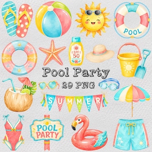 May include: A collection of watercolour summer pool party illustrations including flip-flops, a beach ball, a smiling sun, a life ring, a starfish, sunscreen, a straw hat, a bucket and shovel, a coconut drink, sunglasses, goggles, a banner, an umbrella, a swimsuit, a sign, a flamingo float, and swim trunks.