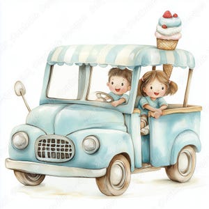 20 Cute Ice Cream Truck Clip Art, Watercolor Birthday Party Wall Art Printable Image, Digital Download, Scrapbooking Paper Crafts JPG Bundle
