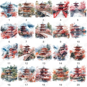 20 Japanese Temple Clip Art, Asian Architecture Printable Images, Digital Download, Watercolor Landscape Scrapbooking Paper Craft JPG Bundle