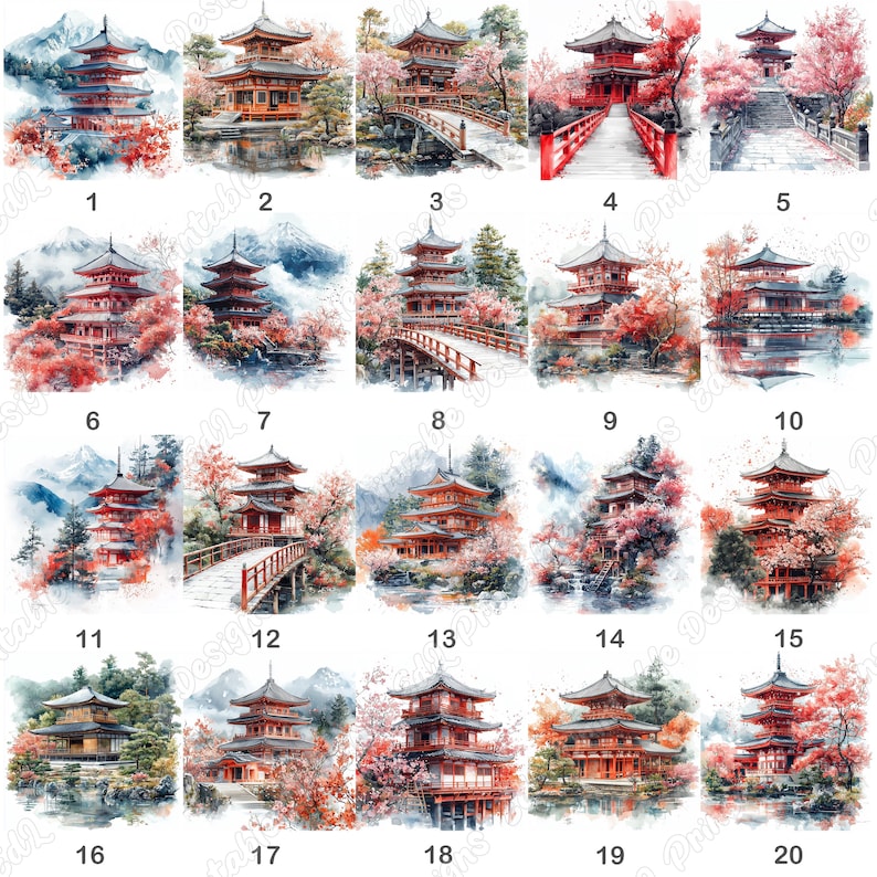 20 Japanese Temple Clip Art, Asian Architecture Printable Images, Digital Download, Watercolor Landscape Scrapbooking Paper Craft JPG Bundle