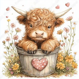 20 Valentines Day Highland Cow Clip Art, Highland Calf Printable Images, Baby Farm Animal Digital Download, Scrapbooking Paper Craft JPG Set