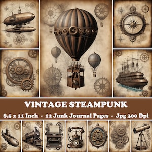 Vintage Steampunk Junk Journal Pages, Printable Industrial Ephemera, Mechanical Collage Sheet, Victorian Drawing Background, Grunge Wall Art