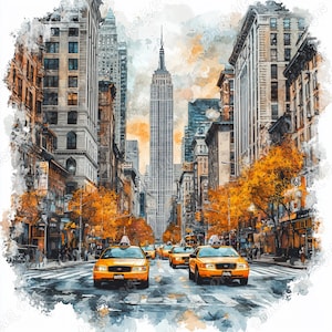 20 imágenes prediseñadas de la ciudad de Nueva York, imágenes imprimibles de paisajes urbanos de EE. UU., descarga digital de escenas callejeras de acuarela, conjunto de manualidades con papel para scrapbooking (JPG)