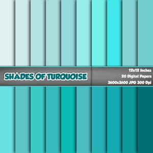 Shades Of Turquoise Digital Paper Pack, druckbarer türkisfarbener Hintergrund, Scrapbook-Papiere, 12x12 Papier, Türkis-Farbpalette 20 Stück