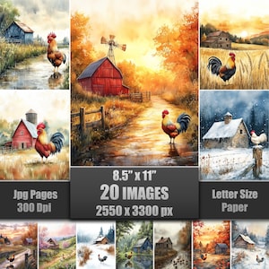 May include: A collection of 20 watercolor images featuring rural landscapes with roosters, barns, and farm scenes. The images are 8.5" x 11" in size and have a resolution of 2550 x 3300 px. The images are suitable for Letter Size Paper.