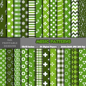 Music Patterns Digital Paper, Shades of Green Printable Background, 12x12 Note Key Scrapbook Papers, Seamless Music Notes Pattern Set Of 24