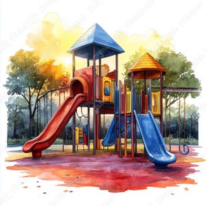 Könnte beinhalten: Aquarellillustration eines Spielplatzes mit roter Rutsche, blauer Rutsche und Schaukeln. Die Spielstruktur hat ein blaues und ein gelbes Dach. Der Boden ist in Rot- und Lilatönen gemalt, im Hintergrund Bäume und ein heller Himmel.