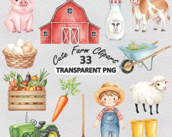 Watercolor Farm Clipart PNG Bundle, Barnyard Animals Paper, Cottage Farms Elements (Digital Download)