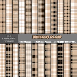 Carte digitali a quadri beige Buffalo, tartan stampabile, sfondo scozzese, album da boscaiolo, set di 24 motivi a quadretti di flanella senza cuciture