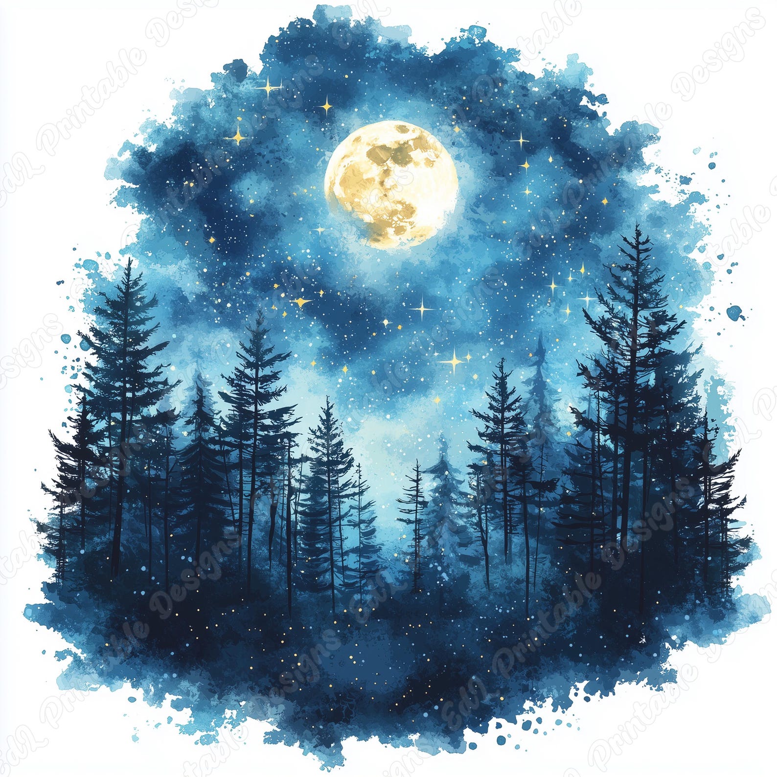 Starry Night Landscape Clipart, Celestial Scrapbooking Paper (JPG ...