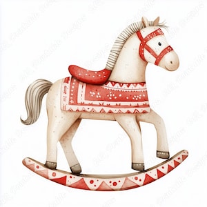 20 ClipArt de Cavalo de Balanço de Natal, Imagem para Impressão de Cavalo de Brinquedo Vintage, Download Digital de Natal, Papel Artesanal para Scrapbooking de Meninos e Meninas JPG