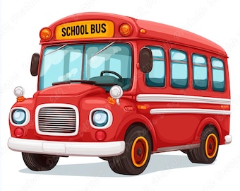 Könnte beinhalten: Illustration eines roten Schulbusses mit der Aufschrift "SCHOOL BUS" auf einem gelben Schild über der Windschutzscheibe. Der Bus hat große Fenster, runde Scheinwerfer und schwarze Reifen mit gelben Felgen. Der Bus ist im Cartoon-Stil.
