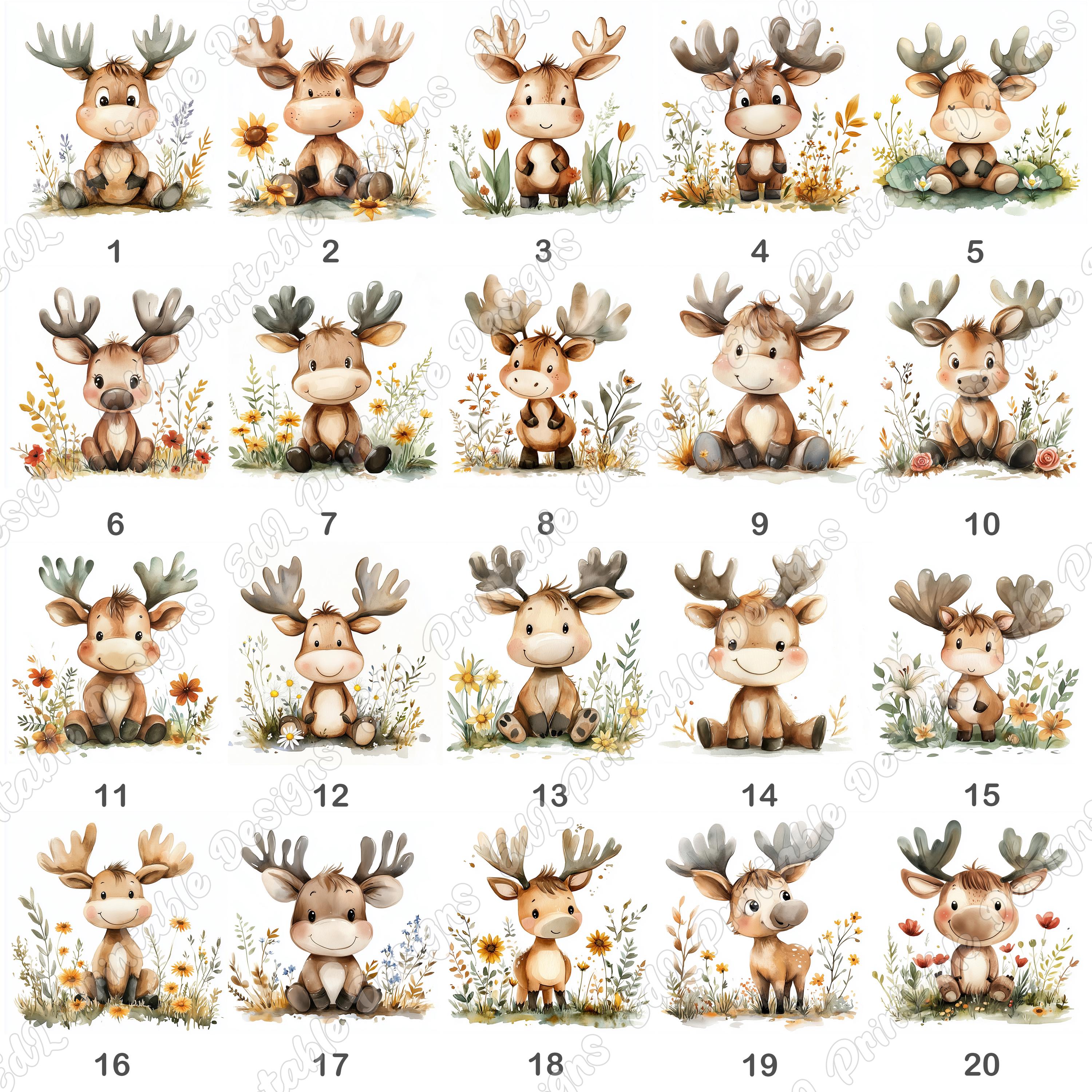 Watercolor Baby Moose Clip Art, Floral Woodland Animals (JPG Digital ...