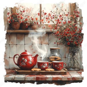 Può includere: Illustrazione ad acquerello di una scena di cucina accogliente. Una teiera rossa e due tazze abbinate con disegni floreali sono su un vassoio di legno con biscotti. Vapore che sale dalle tazze. Fiori rossi in vasi su uno scaffale e in un vaso.