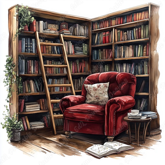 Cozy Reading Nook Clipart, Watercolor Bookshelf, Library Scene, Book Lover (Digital Download)