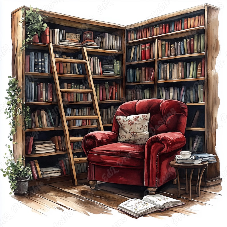 20 Cozy Reading Nook Clipart, Watercolor Bookshelf Printable Images, Book Lover Digital Download, Library Scene Scrapbooking Paper Craft JPG
