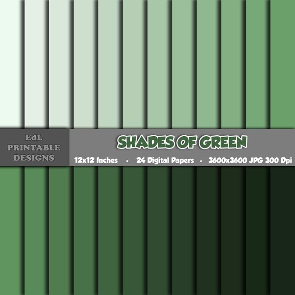 Shades Of Green Digital Paper, Printable Green Solid Colors Background, Green Tones Scrapbook Papers, Green Plain Color Palette Set Of 24