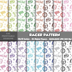 May include: A digital paper collection titled EdL Printable Designs Racer Pattern featuring 24 sheets with racing motifs including cars, helmets, steering wheels, trophies, and checkered flags in various colors, measuring 12x12 inches at 300 DPI.