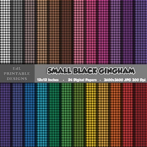 Black Small Gingham Digital Paper, Printable Dark Plaids Background, 12x12 Tartan Paper, Seamless Check Kitchen Picnic Pattern set of 24