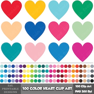 100 coeurs de couleur unie, clipart amour coloré arc-en-ciel, Saint-Valentin Png, numérique imprimable romantique mignon fête graphique Clip Art Png