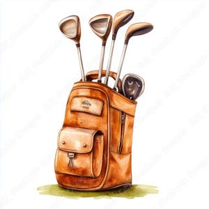 May include: Watercolor illustration of a golf bag filled with golf clubs. The bag is a warm brown color with a front pocket and a zipper. The clubs have silver shafts and brown club heads. The image is set on a patch of green.