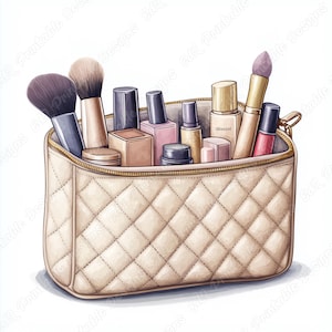 20 Quilted Cosmetic Bag Clip Art, Beauty Products Printable Images, Watercolor Makeup Bag Digital Download, Scrapbooking Paper Craft JPG Set