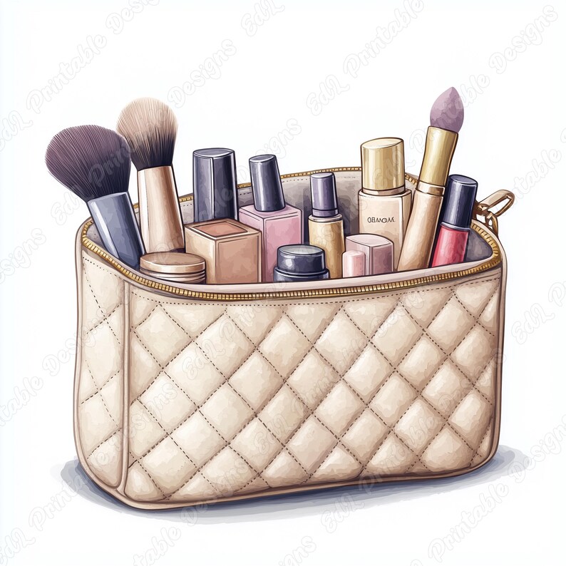 20 Quilted Cosmetic Bag Clip Art, Beauty Products Printable Images, Watercolor Makeup Bag Digital Download, Scrapbooking Paper Craft JPG Set