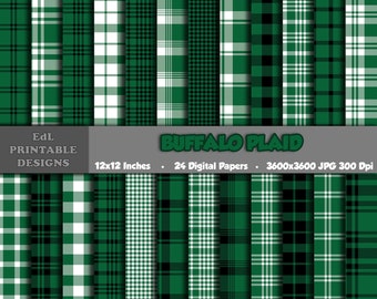 Green Buffalo Plaid Digital Paper Pack, Tartan Scrapbook Paper (Set of 24)
