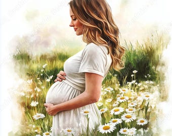 Imágenes prediseñadas de mujer embarazada en acuarela, imágenes de maternidad, conjunto de álbumes de recortes en formato JPG horizontal (descarga digital)