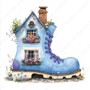 May include: A blue boot shaped house with a chimney, windows, and flowers growing on the roof and in the windows. The boot is sitting on a patch of grass with small stones.