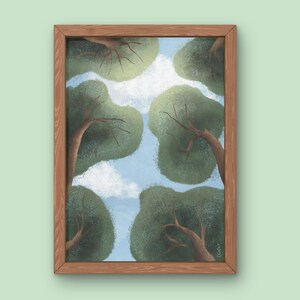 Ilustración “A través de los árboles” – Arte digital impreso con textura de acuarela – Naturaleza y cielo azul