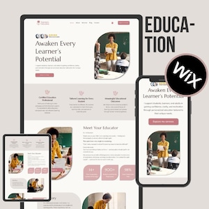 Könnte beinhalten: Ein Website-Design, das auf einem Tablet, Telefon und Computerbildschirm angezeigt wird. Die Website enthält den Text "Awaken Every Learner's Potential" und ein Foto eines Lehrers. Ein schwarz-weißes Wix-Logo befindet sich im Bild.