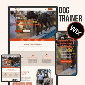 Peut inclure: Conception de site web pour un dresseur de chiens, affichée sur une tablette, un ordinateur portable et un smartphone. Le site web présente un chien noir portant un harnais, avec le texte "Unleash Their Potential, Naturally". Le logo Wix est également visible.