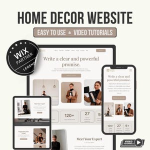 May include: A promotional image for a home decor website, showcasing a website design on a tablet, laptop, and smartphone. The design includes the text "Write a clear and powerful promise." and "Easy to use + Video Tutorials."