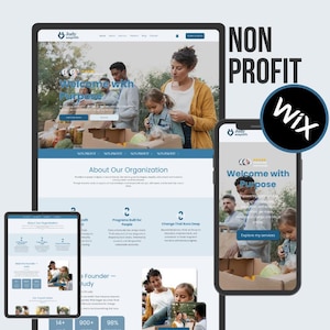 May include: A website design displayed on a tablet and smartphone, showcasing a non-profit organization. The website features the text "Welcome with Purpose" and "About Our Organization". A Wix logo is also visible.