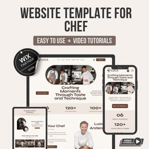 May include: A website template for chefs, displayed on a laptop, tablet, and smartphone. The design features a clean layout with images of chefs and text that reads "Crafting Moments Through Taste and Technique." Includes a Wix Partner icon and video tutorials.