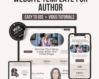 May include: A website template for authors, shown on a laptop, tablet, and phone. The design includes the text "Stories That Stay Long After the Final Page" and "Easy to Use + Video Tutorials". A Wix Partner icon is also visible.