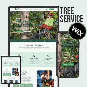 Könnte beinhalten: Digitales Marketing-Bild, das ein Website-Design für Baumpflege auf einem Tablet, Telefon und Desktop zeigt. Die Website zeigt einen Baumpflegespezialisten, den Text "Restore Your Outdoors Naturally" und das Wix-Logo.