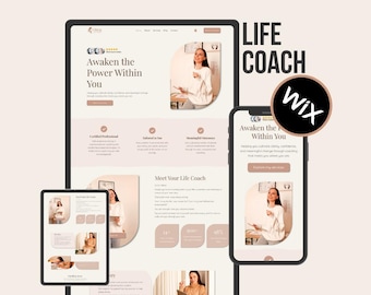 May include: A digital marketing image showcasing a website design for a life coach, displayed on a tablet, phone, and desktop. The design features a soft color palette with the text "Awaken the Power Within You" and the Wix logo.