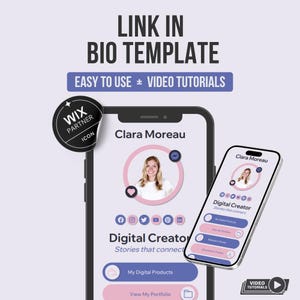 Op de afbeelding: Een digitale sjabloon voor een link in bio, weergegeven op een smartphone met een profiel en social media-iconen. Het ontwerp bevat de tekst "LINK IN BIO TEMPLATE" en "EASY TO USE + VIDEO TUTORIALS". Er is ook een Wix Partner-icoon aanwezig.